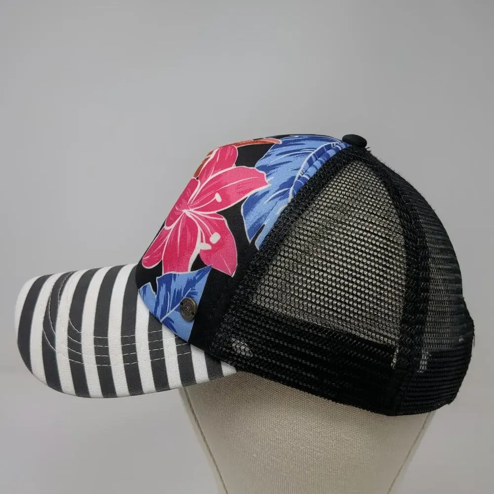 Roxy 5 Panel Black One Size Floral Striped Mesh Snapback Hat Tropical Surf Beach